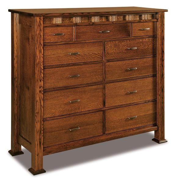 Amish 60 1/2 Wide Aaron Mission Eleven Drawer Double Chest of Drawers with 3 Inch Solid Wood Posts and Solid Wood Inset Side Panels