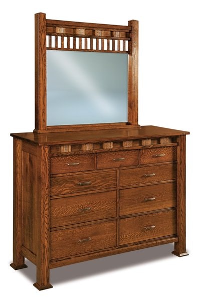 Amish Aaron Mission Nine Drawer Dresser with Solid Wood Inset Side Panels and Optional Mirror