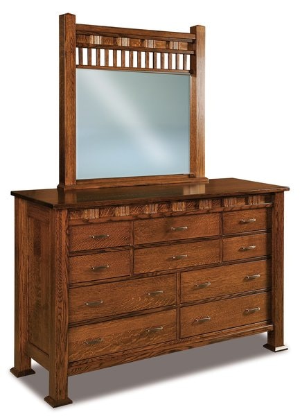 Amish Aaron Mission Ten Drawer Dresser with Solid Wood Inset Side Panels and Optional Mirror