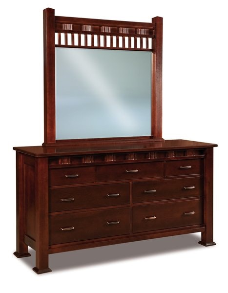 Amish Aaron Mission Seven Drawer Dresser with  3 Inch Solid Wood Post, Solid Wood Inset Side Panels, and Optional Mirror