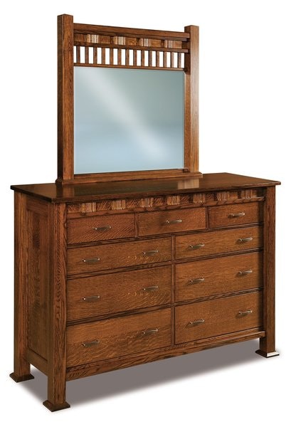 Amish Aaron Mission Large Nine Drawer Dresser with Solid Wood Inset Side Panels and Optional Mirror