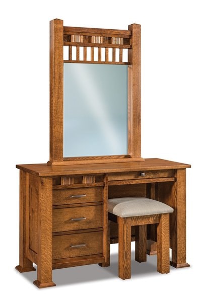 Amish 30 Tall Aaron Mission 4-Drawer Vanity Dressing Table shown in Rustic Quarter Sawn White Oak Wood with Lite Asbury Stain