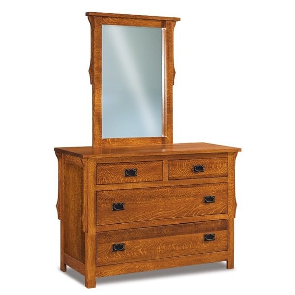 Amish 51 Wide Stick Mission Four Drawer Dresser with 7/8 Inch Slat Sides and Optional Mirror.