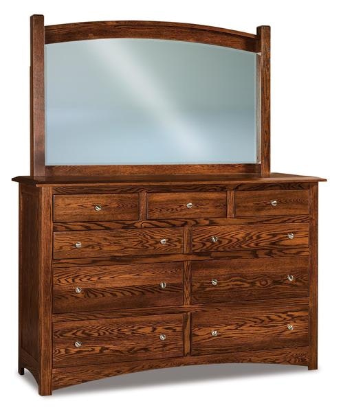 Amish Fern 66 Nine Drawer Dresser with Beveled Top, Arched Base, and Optional Mirror