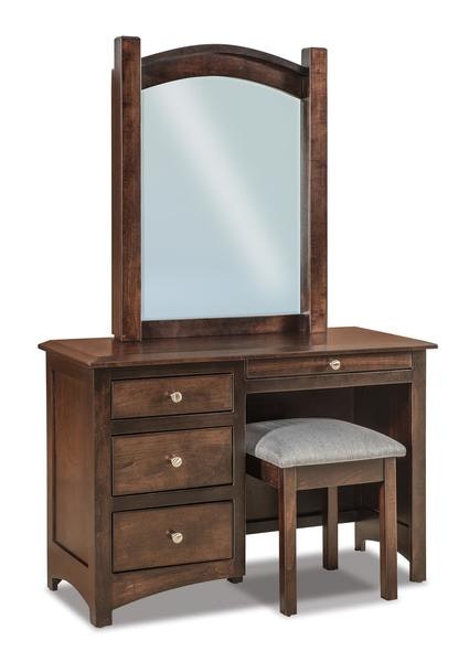 Amish 44 Wide Fern 4-Drawer Vanity Dressing Table shown in Brown Maple Wood with Rich Tobacco Stain