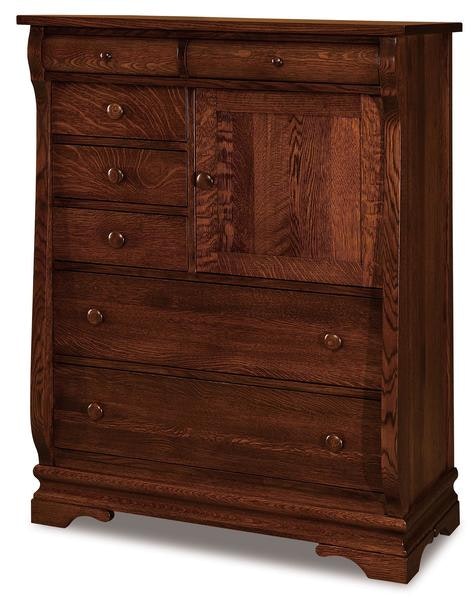 Amish 41 1/4 Tall Edna Sleigh Gentlemans Chest of Drawers with 1 Door, 2 Adjustable Shelves and 7 Drawers.