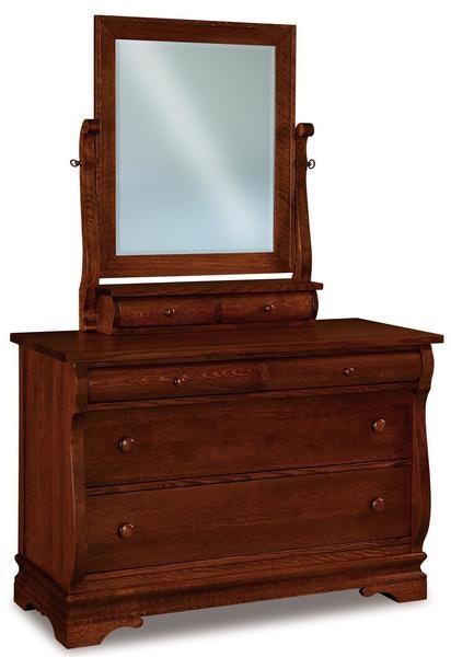 Amish 49 Wide Edna Sleigh Four Drawer Dresser with Optional Swinging Beveled Mirror