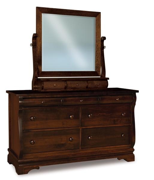 Amish 58 or 65 Wide Edna Sleigh Seven Drawer Dresser with Optional Swinging Beveled Mirror