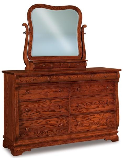 Amish 58 or 65 Wide Edna Sleigh Nine Drawer Dresser with Optional Beveled Mirror