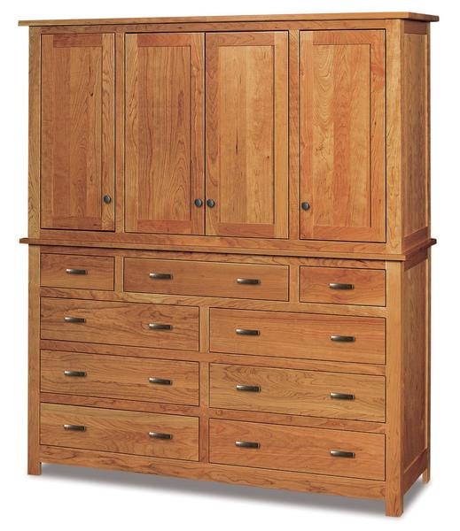Amish 2 Size Choices Custom Flush Mission Mule Chest of Drawers with 8 or 9 Drawers, 4 Doors, and 6 Shelves.