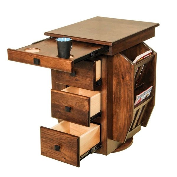 Amish Hardwood Magazine Stand with Storage and Cupholders