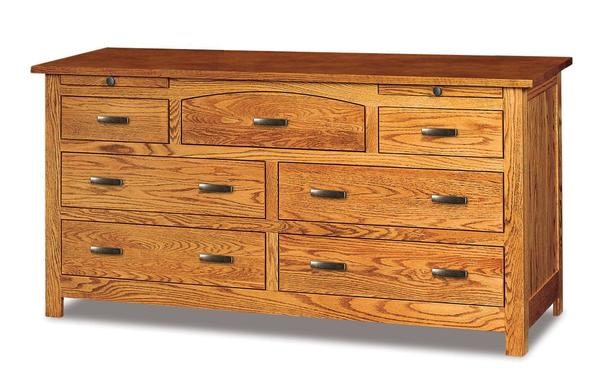 Amish 66 Wide Custom Flush Mission Dresser with Jewelry Drawers with Solid Wood Inset End Panels