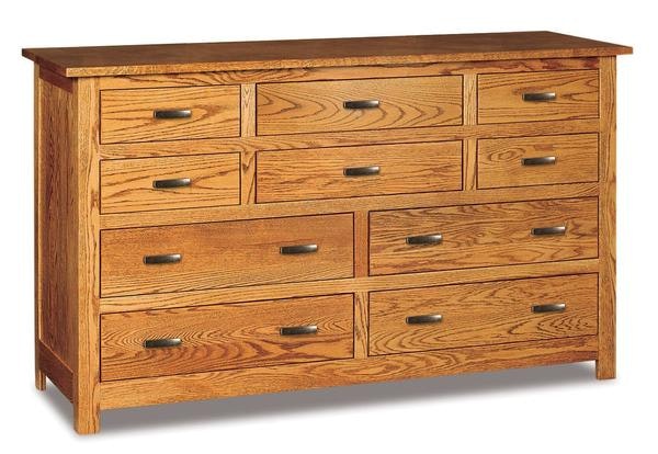 Amish66 Wide Flush Mission 10-Drawer Dresser with Solid Wood Inset End Panels