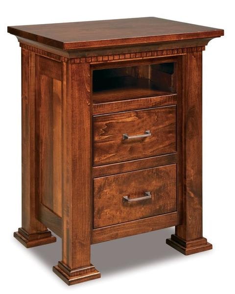 Amish 27 Wide Custom David Nightstand with Drawers and Opening with 3 Inch Solid Wood Posts and Solid Wood Inset End Panels
