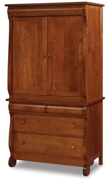 Amish Lydia Classic Sleigh Large Two Piece Armoire with 4 Drawers, 2 Doors, and 2 Adjustable Shelves