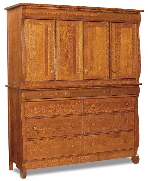 Amish 65 Wide Lydia Classic Sleigh Two Piece Mule Chest with 9 Drawers, 4 Doors, and 6 Adjustable Shelves