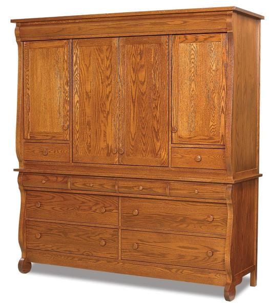 Amish 73 Wide Lydia Classic Sleigh Two Piece Deluxe Mule Chest with 10 Drawers, 4 Doors, and 6 Adjustable Shelves