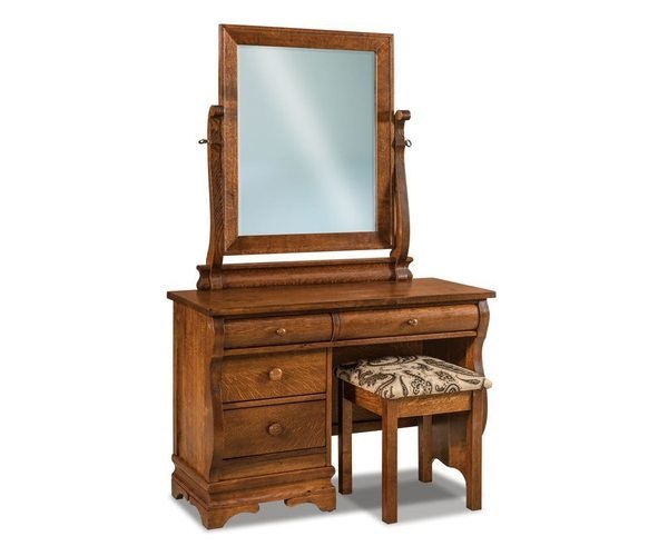 Amish Lydia Classic Sleigh 4-Drawer Vanity Dressing Table shown in Quarter Sawn White Oak Wood with Micheals Cherry Stain