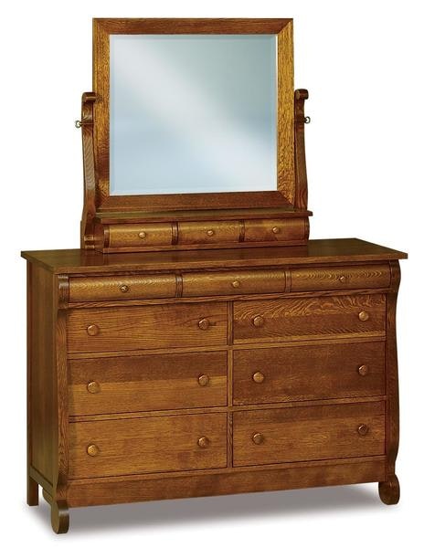 Amish 58 Wide Lydia Classic Sleigh Nine Drawer Dresser with Rounded Top Drawer Fronts and  Optional Mirror