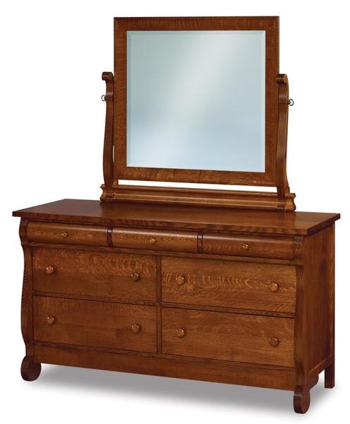 Amish Lydia Classic Sleigh 58 Seven Drawer Dresserwi with Rounded Top Drawer Fronts and Optional Beveled Swinging Mirror
