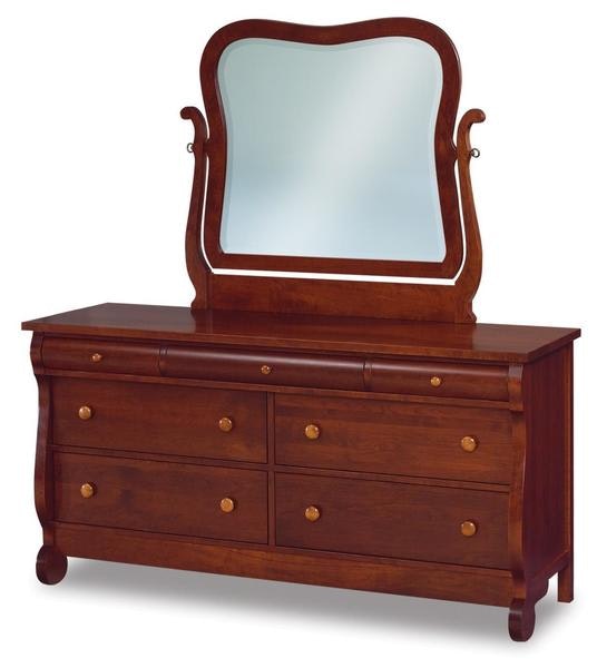 Amish Lydia Classic Sleigh 65 Seven Drawer Dresser with Rounded Top Drawer Fronts and Optional Beveled Swinging Mirror