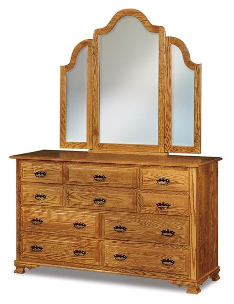 Amish 66 Wide Heritage Wilma 10-Drawer Dresser with Cathedral Raised Panel Drawer Fronts  and Optional Beveled Tri-Fold Mirror