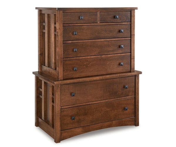Amish 51 Tall Torrent Mission 7-Drawer Chest on Chest of Drawers with Arched Front Base and 1 3/4 Inch Square Post on 4 Corners