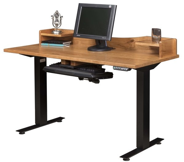 Adjustable Amish Lift Top Standing Desk shown with 1 1/4 thick Live Edge Rustic Walnut Top & Natural Finish