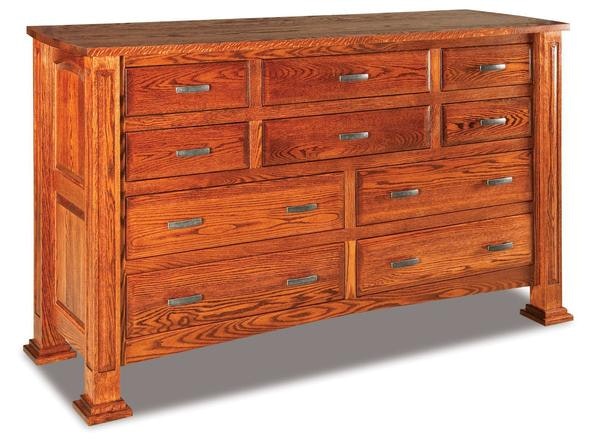 Amish 70 Wide William Ten Drawer Dresser with 3 Inch Solid Posts with Raised Panels