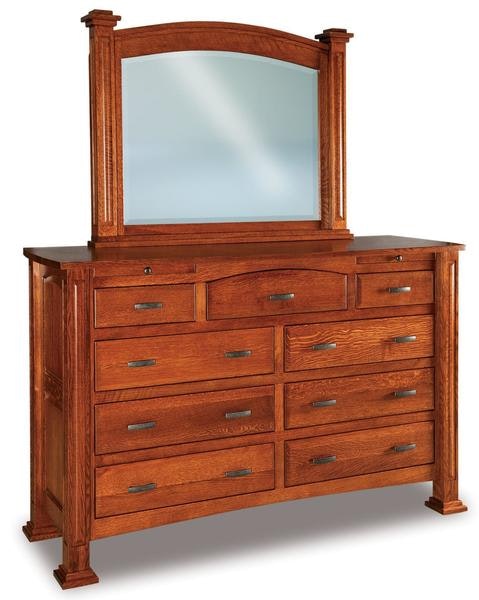 Amish 70 Wide William Nine Drawer Dresser with Arch Drawer and Two Jewelry Drawers with 3 Inch Solid Posts with Raised Panels