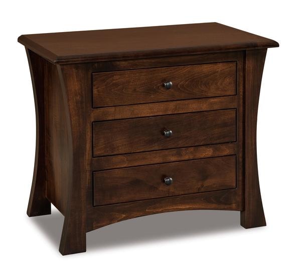 Amish 29 Wide Isaiah Medium Three Drawer Nightstand shown in Brown Maple Wood with Rich Tobacco Stain