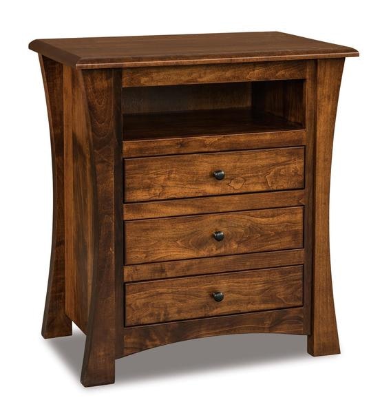 Amish 29 Wide Isaiah Three Drawer Nightstand with Opening with Bowed Hardwood Sides.