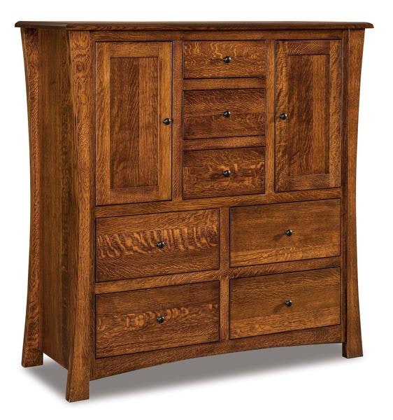Amish 54 Tall Isaiah Hardwood Extra Large Chest of Drawers with 7 Drawers, 2 Doors, and 4 Shelves.