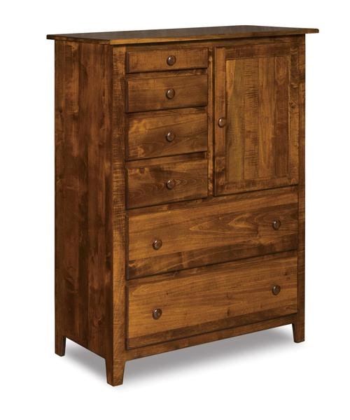 Amish 54 Tall Solid Wood Shaker Gentlemans Chest of Drawers with 6 Drawers, 1 Door, and 2 Shelves.