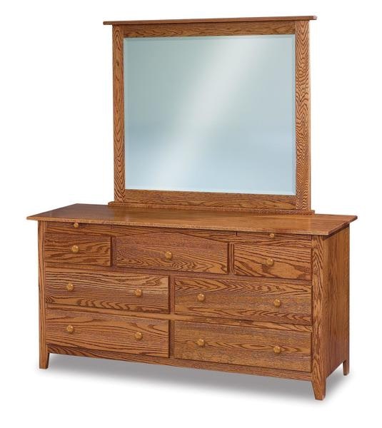 Amish 66 Wide Shaker Seven Drawer Dresser with Arch Drawer and Two Jewelry Drawers with Optional Beveled Mirror