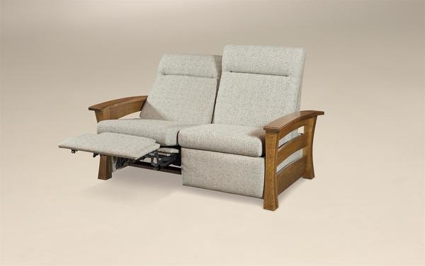 Amish Leavenworth 62 1/2 inch Inch Wall Hugger Reclining Loveseat Sofa  Mission Style with Upholstered Back and Seat Cusions.