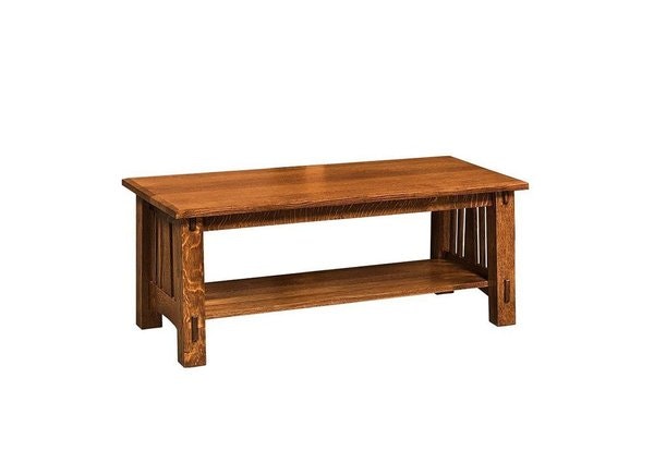Amish Trinity Mission Coffee Table with Optional Lift-Top 48 inches wide with Angled Vertical Slat on the Side and Tapered Legs.