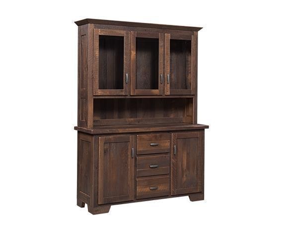 Reclaimed Barnwood Two Door Three Drawer Buffet with Open Deck and Glass Door Hutch