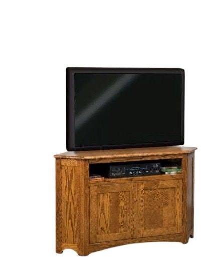 Amish Solid Wood Mission Corner TV Stand with Sound Bar Shelf shown in Oak with Nutmeg Stain