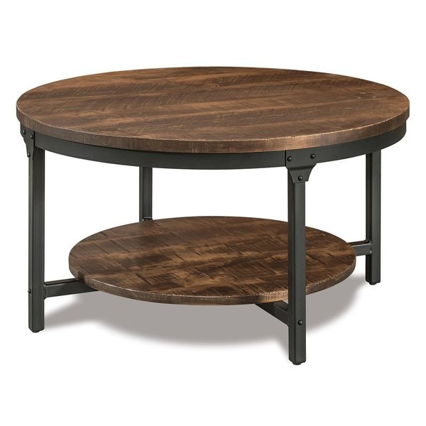 Black Powder Coated Steel Base Dutton Rough Sawn Brown Maple Round Coffee Table with Bel Aire Finish