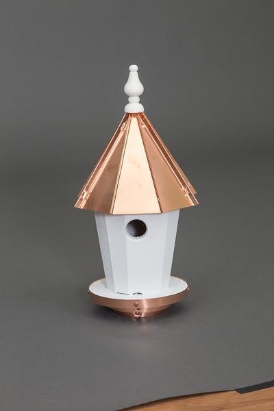 Amish Handcrafted Round Blue Birdhouse with Copper Roof