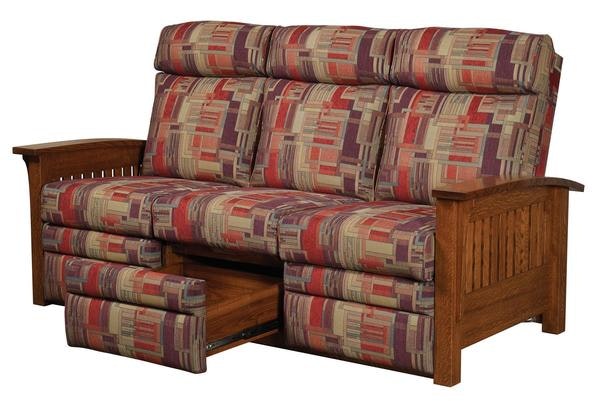 Amish Hartsville Mission Recliner Sofa with Storage Drawer Shown in Quartersawn White Oak.