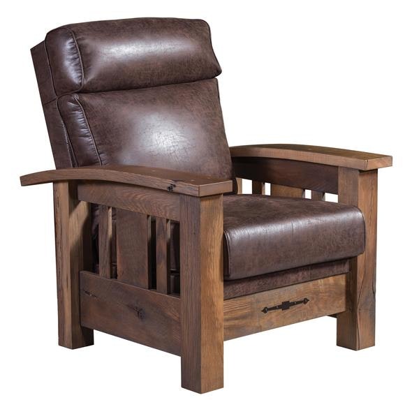 Amish Rustic Lounge Chair 32 inches wide with Choice of Upholstery, Throw Pillows, Wood, and Finish Color.
