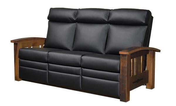 Amish Rustic Recliner Sofa with choice of Upholstery, Premium Wood, Finish Color Throw Pillows, Power Recline, and Center Section.