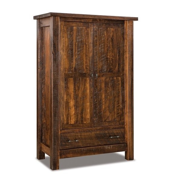 Amish 74 1/2 Inch Tall Chapito Rough Sawn Brown Maple Wood Rustic Wardrobe Armoire shown with Almond Stain.