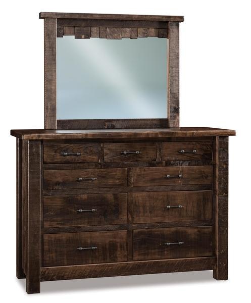 Amish Rough Sawn Brown Maple Wood Rustic Chapito 9-Drawer Dresser with Optional Mirror shown with Almond Stain.