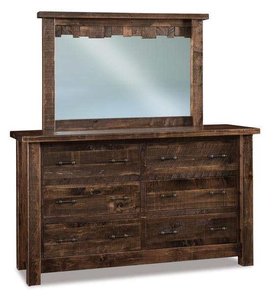 Amish Rough Sawn Brown Maple Wood Rustic Chapito 6-Drawer Dresser with Optional Mirror shown with Almond Stain.