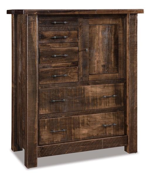 Amish Chapito Rustic Rough Sawn Brown Maple Wood Gentlemans Chest of Drawer shown with Almond Stain.