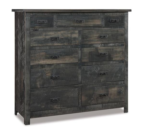 Amish Levi Rustic Rough Sawn Wood 11-Drawer Double Chest of Drawers shown in Antique Slate Stain
