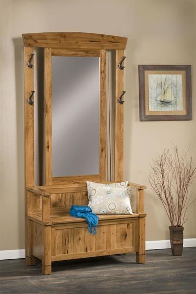 Amish 40 Wide Rustic Entryway Hall Tree Bench Shown in Rustic Hickory with Stain
